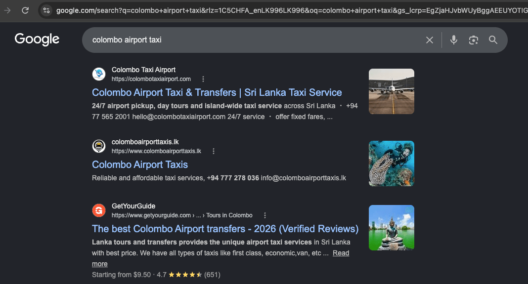 Colombo Airport Taxi shown at the top of Google search results for an airport-taxi query