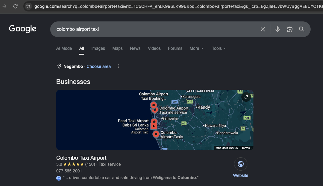 Colombo Airport Taxi ranking on the first page of Google for another airport-transfer query