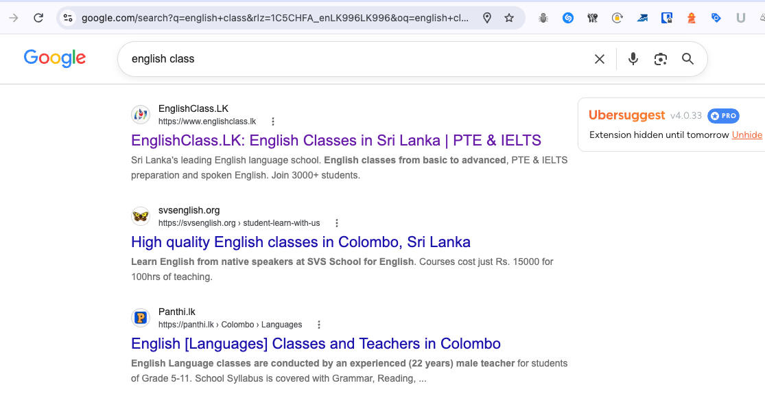 EnglishClass.LK shown at the top of Google search results for an English-classes query